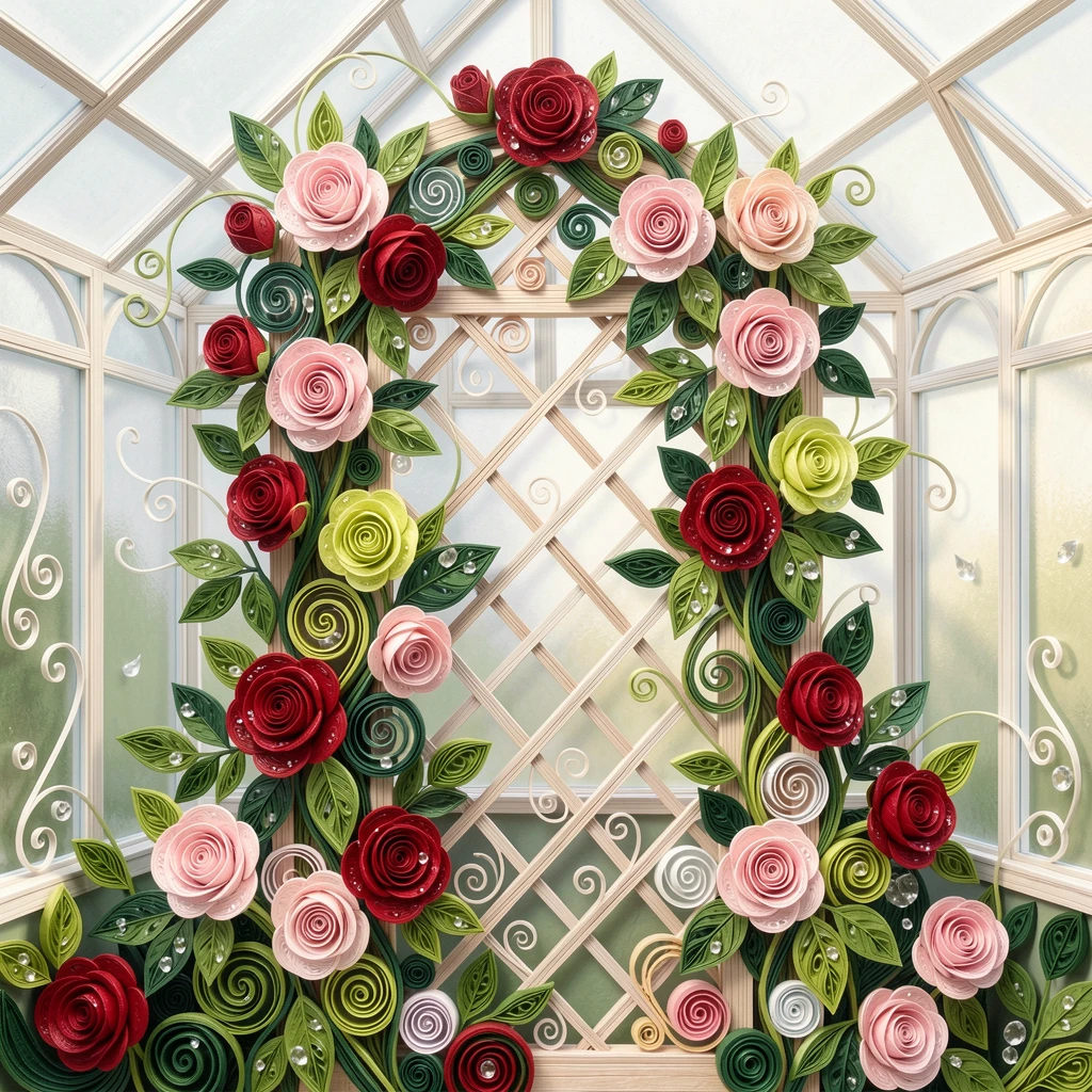 a garden trellis overflowing with climbing roses, in a greenhouse filled with soft filtered light, spread across the frame in a lush, full composition, with morning dew glistening on every petal.