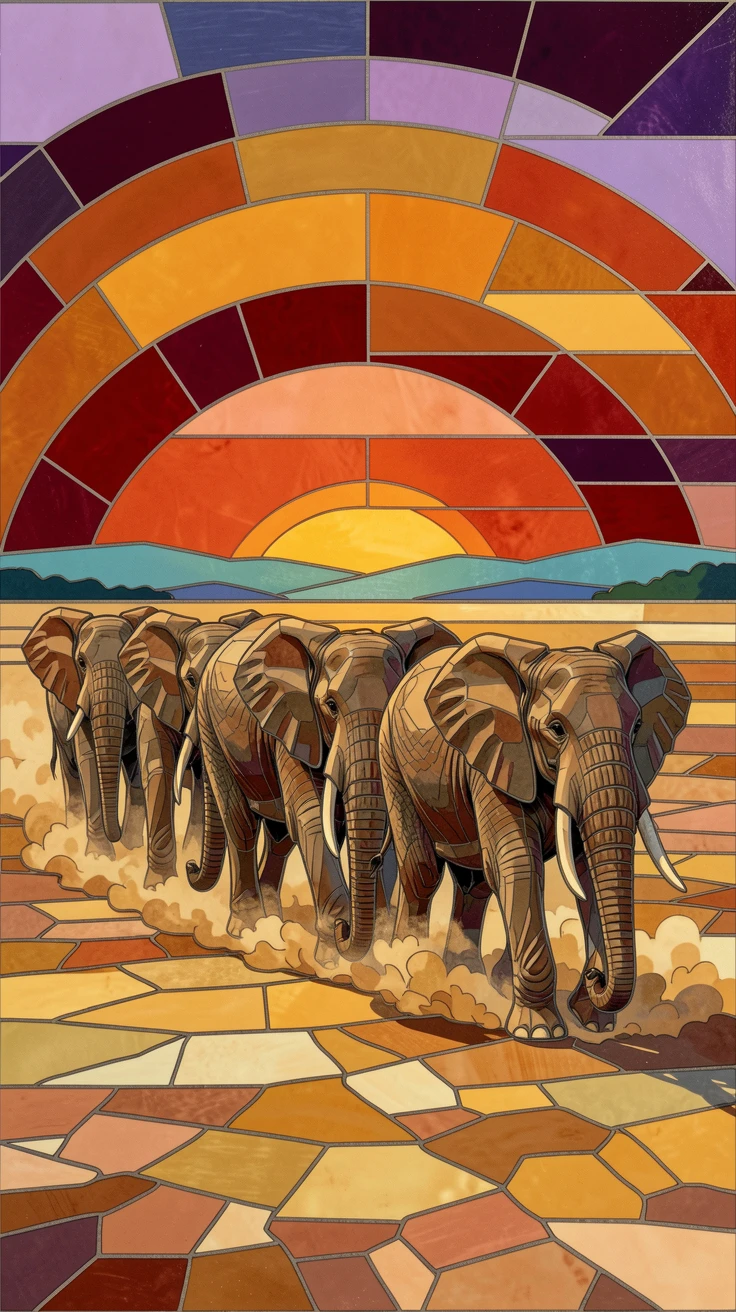 A herd of African elephants crossing a dusty plain at sunset.
