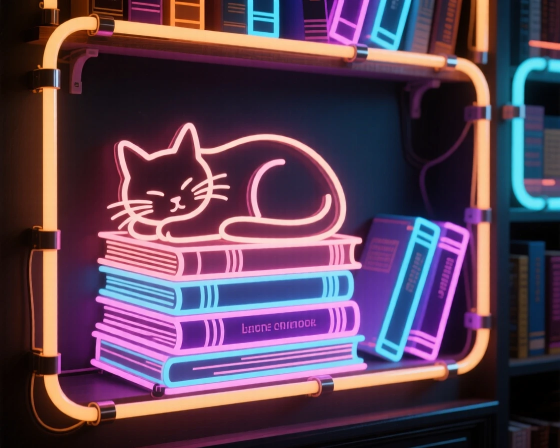 A cozy bookshop nook with a cat curled up on a stack of novels.