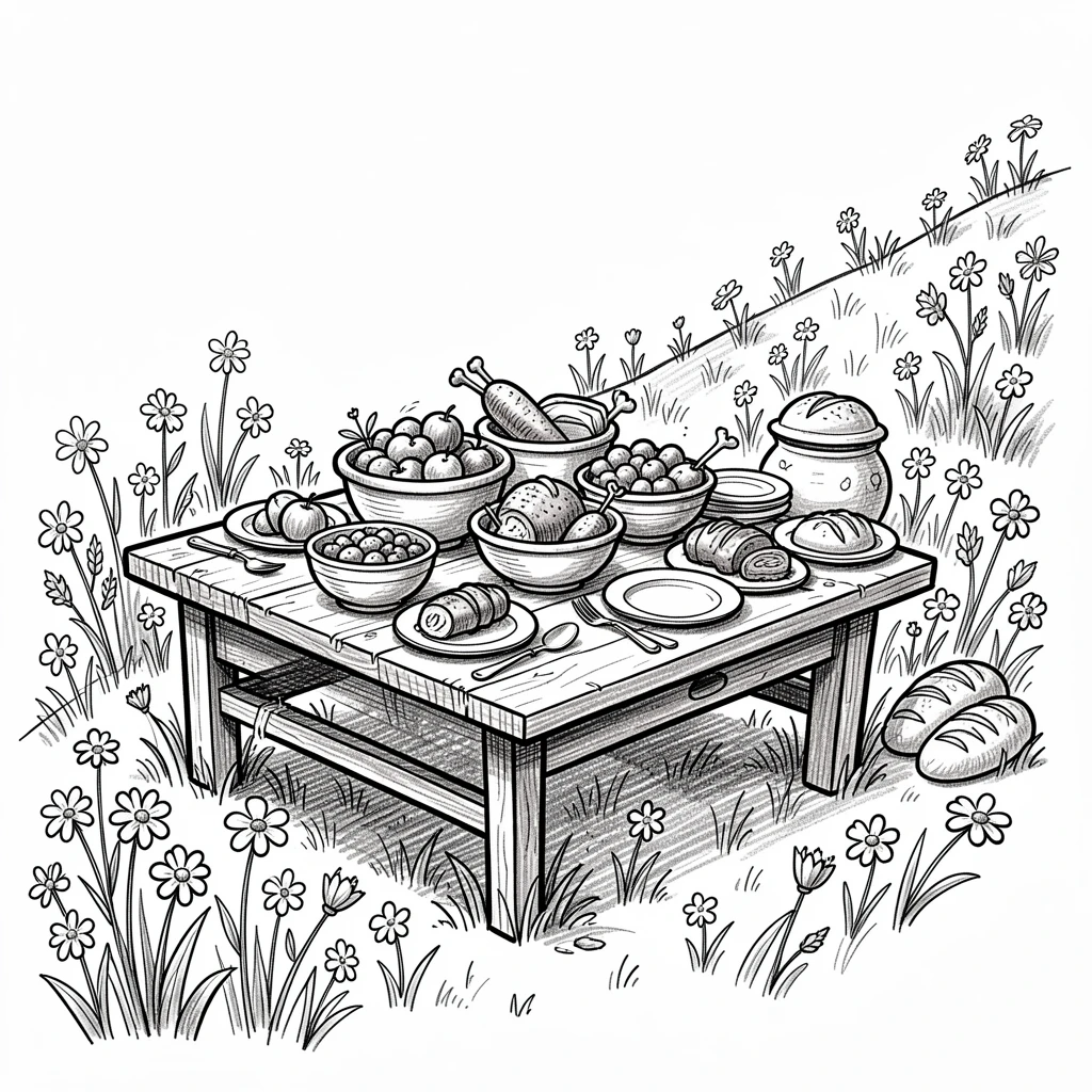 A table set for a harvest feast on a hillside covered in wildflowers.