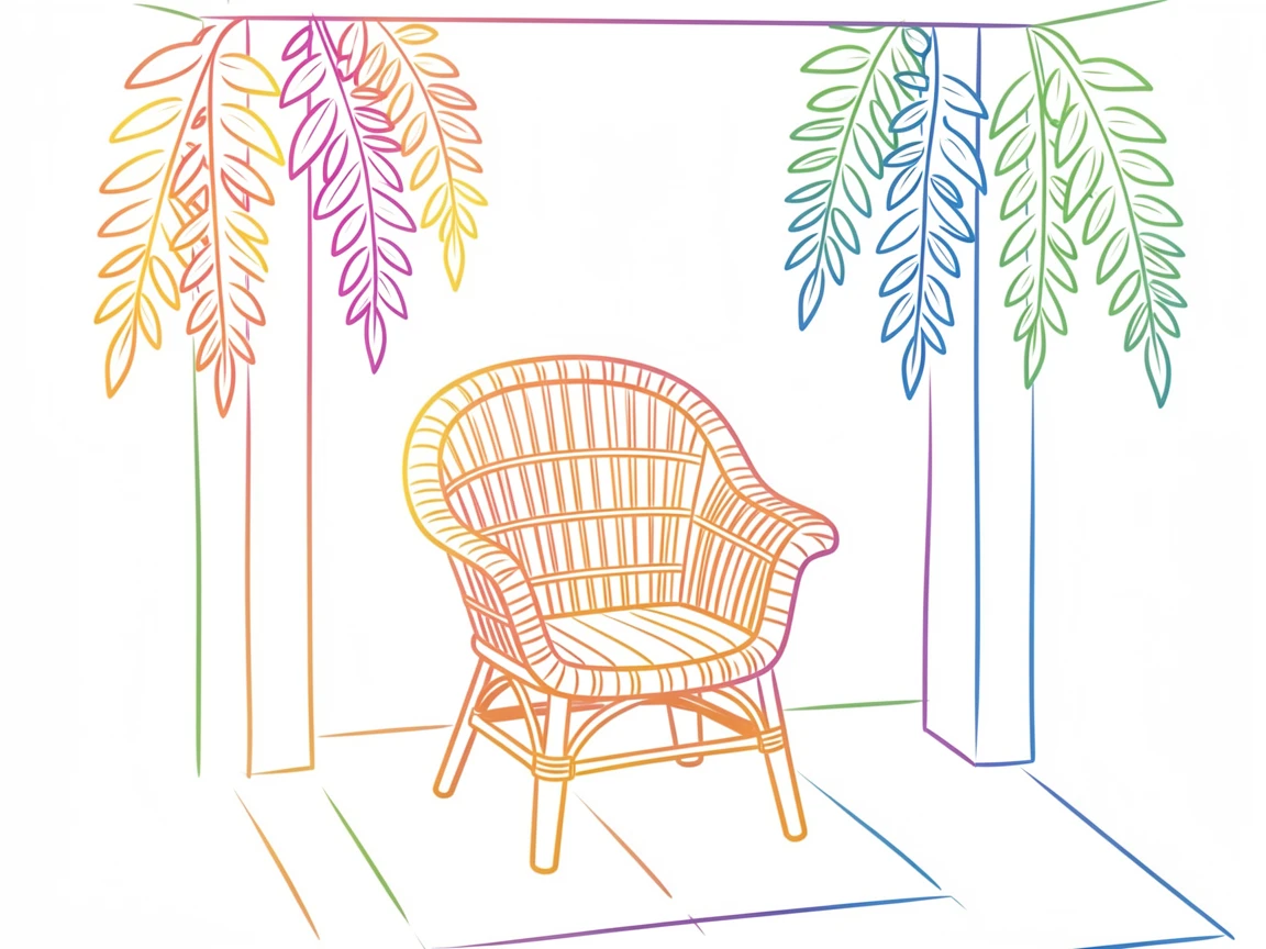 A wicker chair on a porch surrounded by hanging ferns.