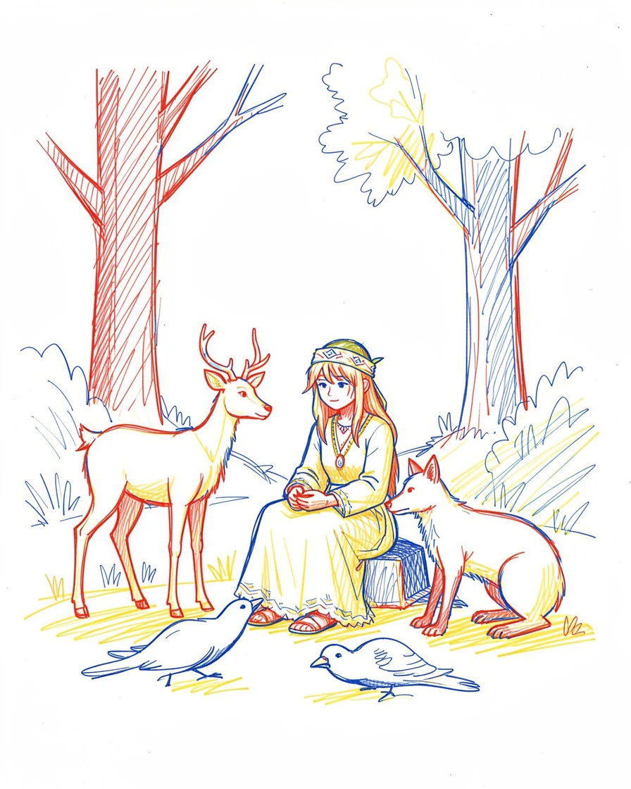 A young druid communing with animals in a sunlit forest glade