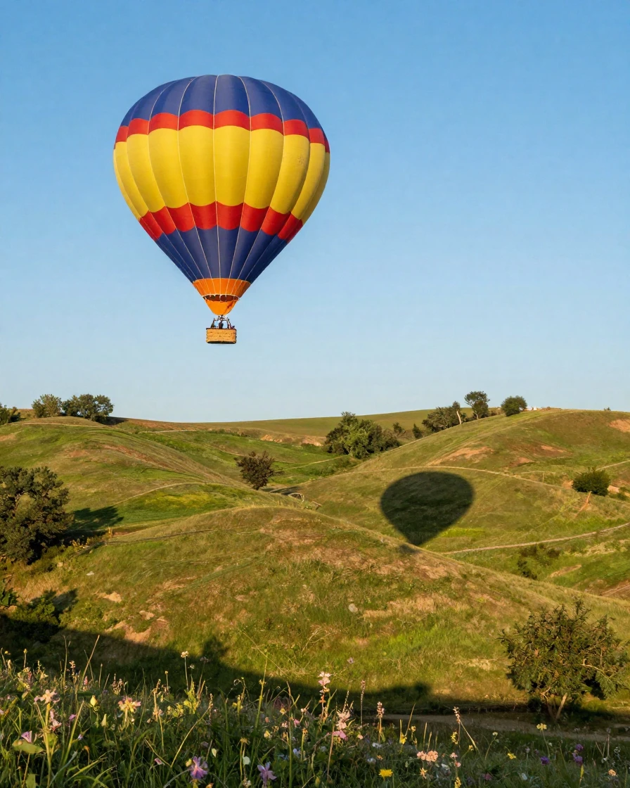 A hot air balloon casting a shadow over rolling hills