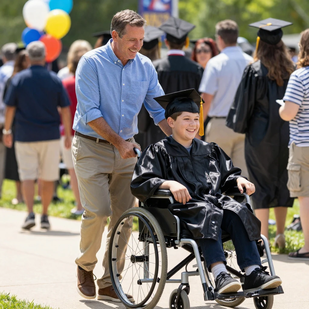 A father walks alongside his son's wheelchair at a graduation ceremony, both beaming.