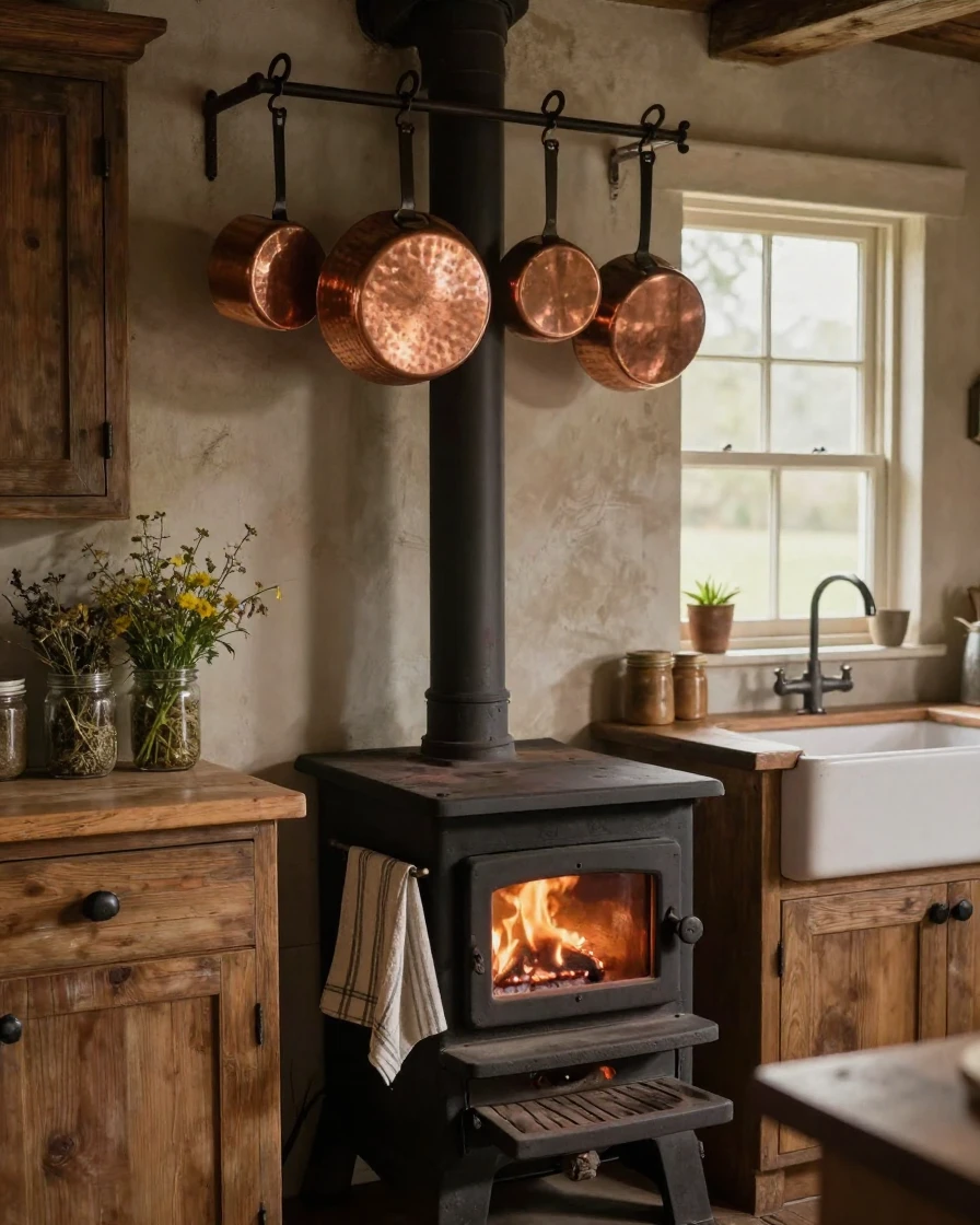 A rustic farmhouse kitchen with copper pots hanging above a wood-burning stove
