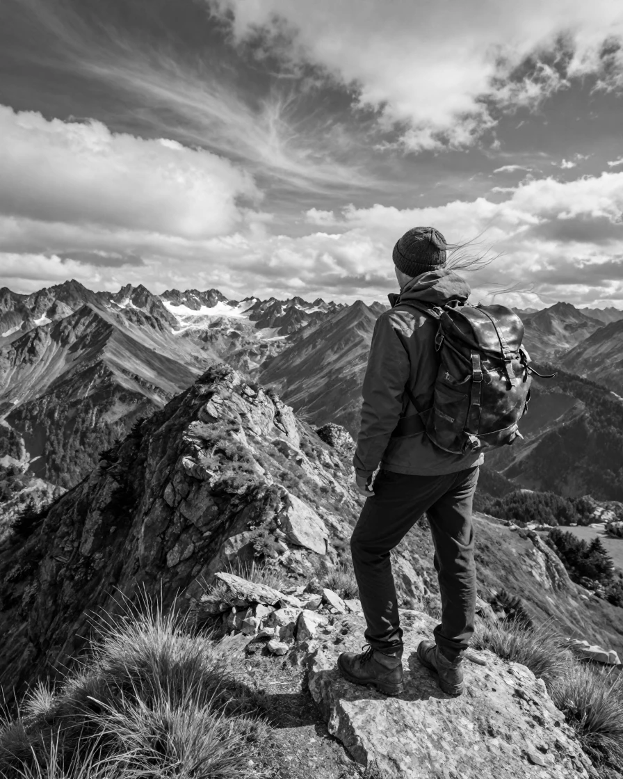 A lone hiker stands at the edge of a dramatic overlook atop a windswept ridge in the Alps.
