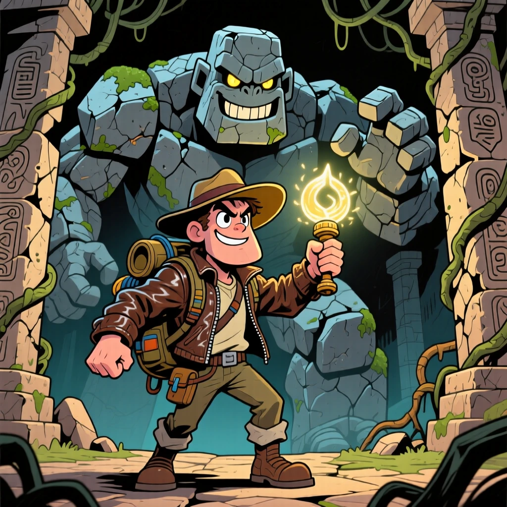 A brave adventurer facing a towering stone golem in an ancient temple ruin.