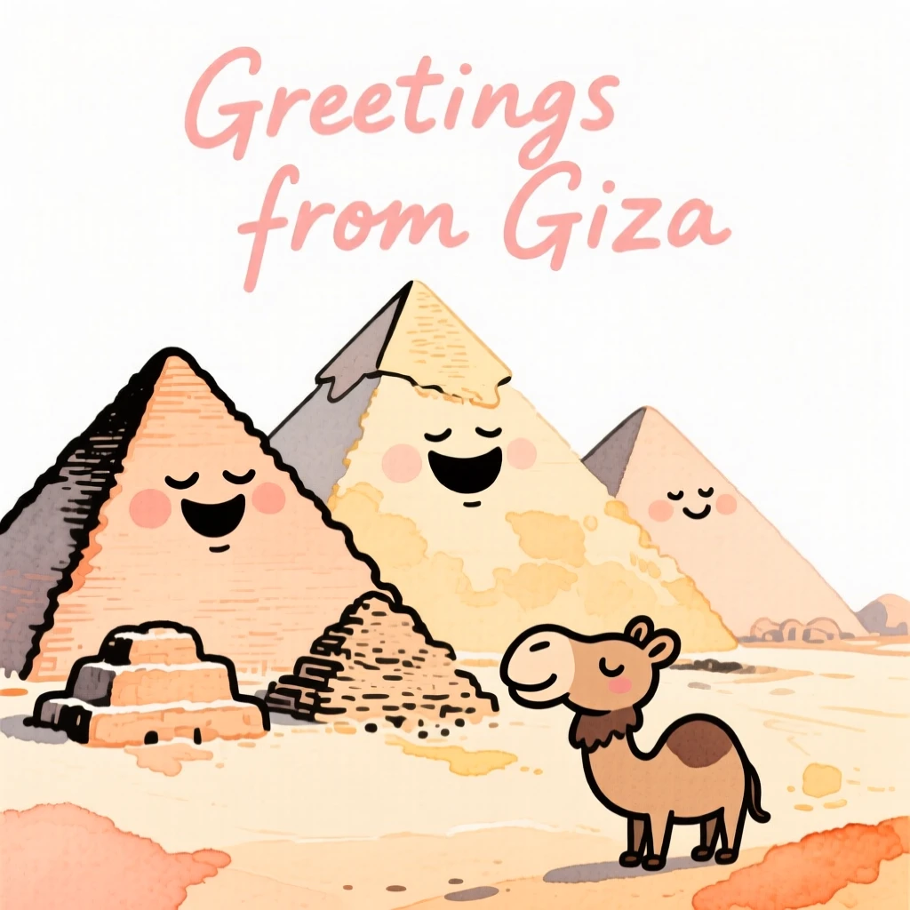 A dreamy travel postcard scene of the pyramids of Giza bathed in warm morning light