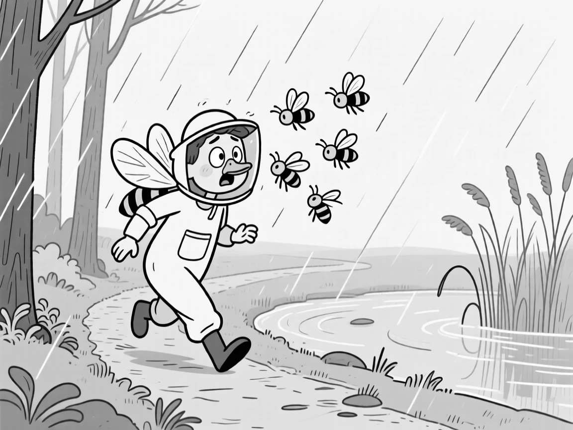 A beekeeper's assistant backing away nervously from buzzing bees, ducking as wings flap past a startled face, set on a forest trail caught in a sudden downpour. Reeds sway gently at the water's edge. It captures the quiet wonder of the changing seasons.