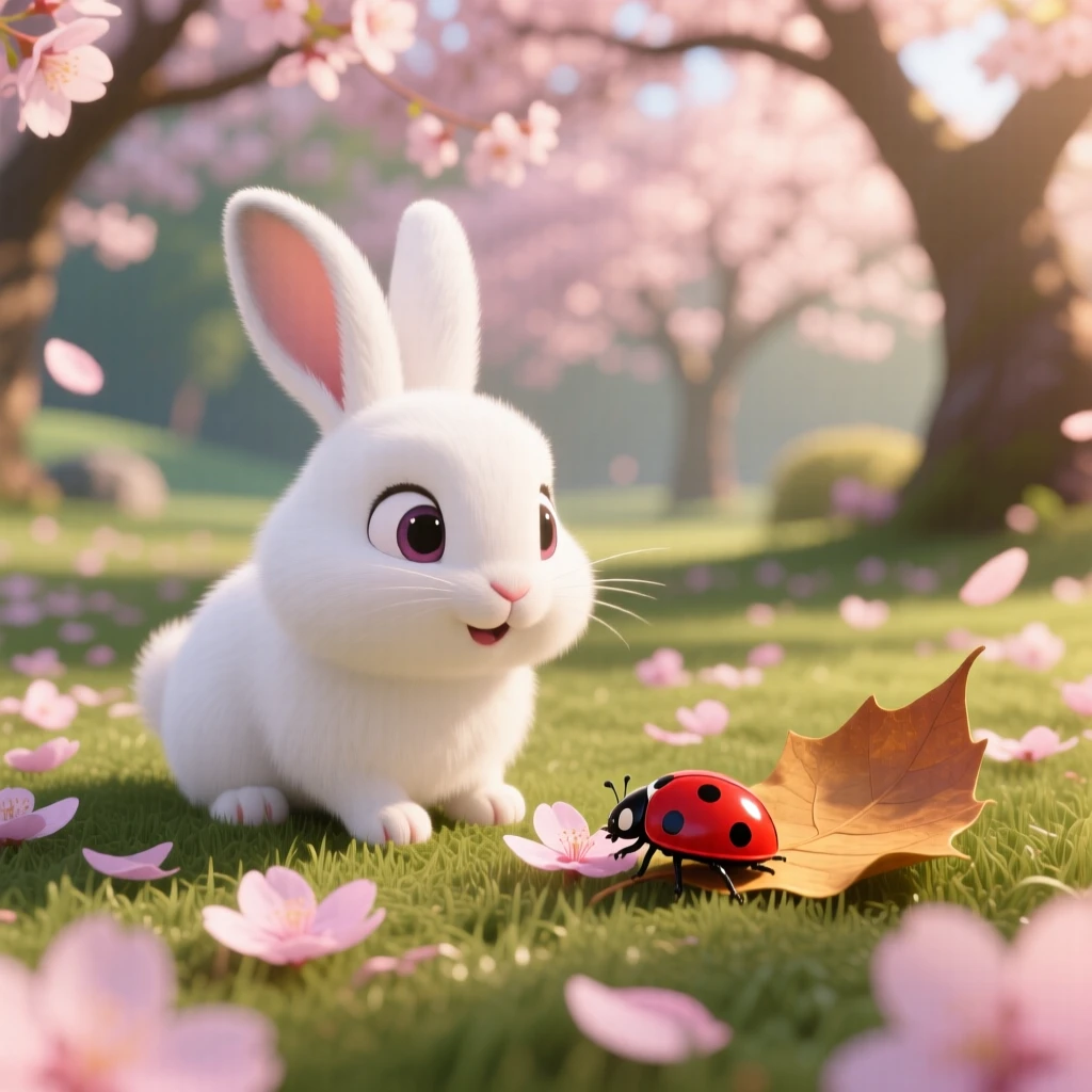 A snow-white bunny is playing among fallen cherry blossom petals, watching a ladybug crawl by. Playful joy radiates from the small creature, with a single fallen leaf beside it.