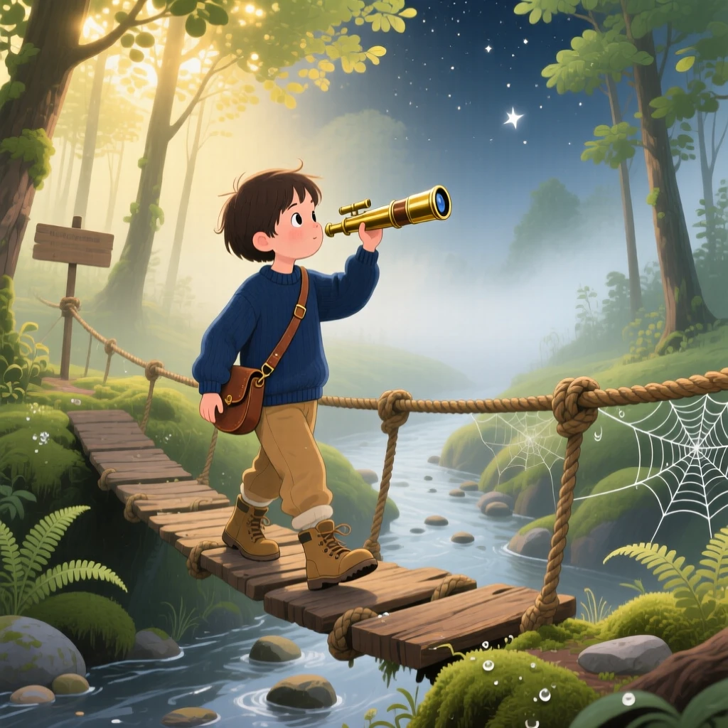 A young stargazer with a telescope pauses while crossing a rope bridge over a gentle ravine in a foggy morning woodland, as sunlight filters through the leaves.