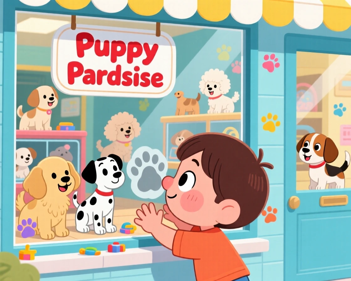 A child pressing their nose against a pet shop window at puppies.