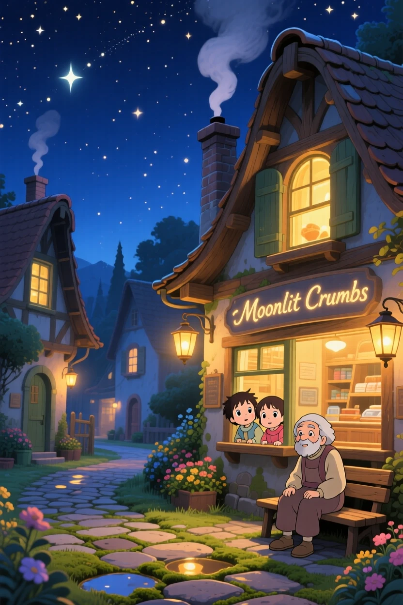 A nighttime scene of a village illuminated by warm window lights beneath a starry sky, softly glowing with warmth.