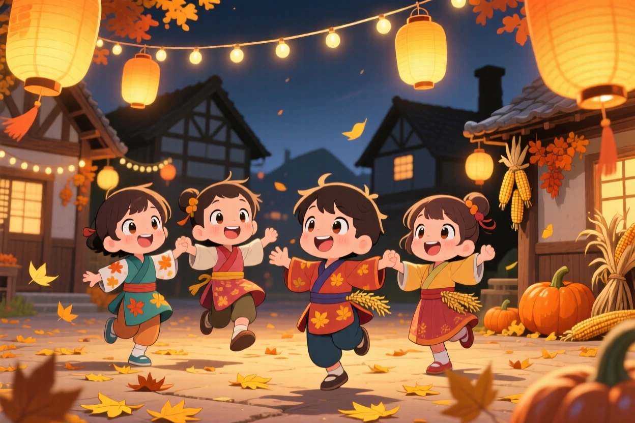 A group of children dancing in a circle at a festival, framed as a waist-up portrait within a lantern-lit village square, during golden autumn harvest season, glowing under glowing string lights, evoking curious excitement.
