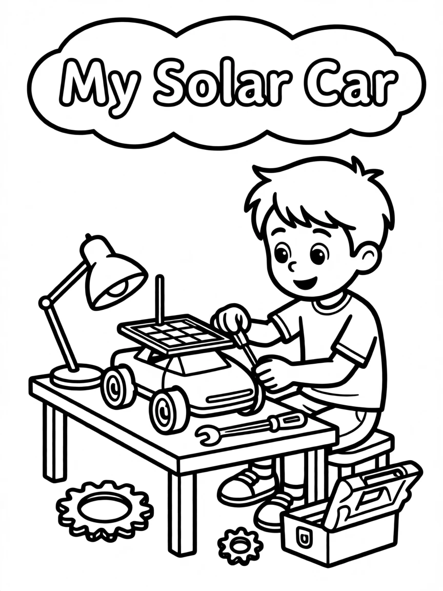 A young inventor creating a solar-powered toy car