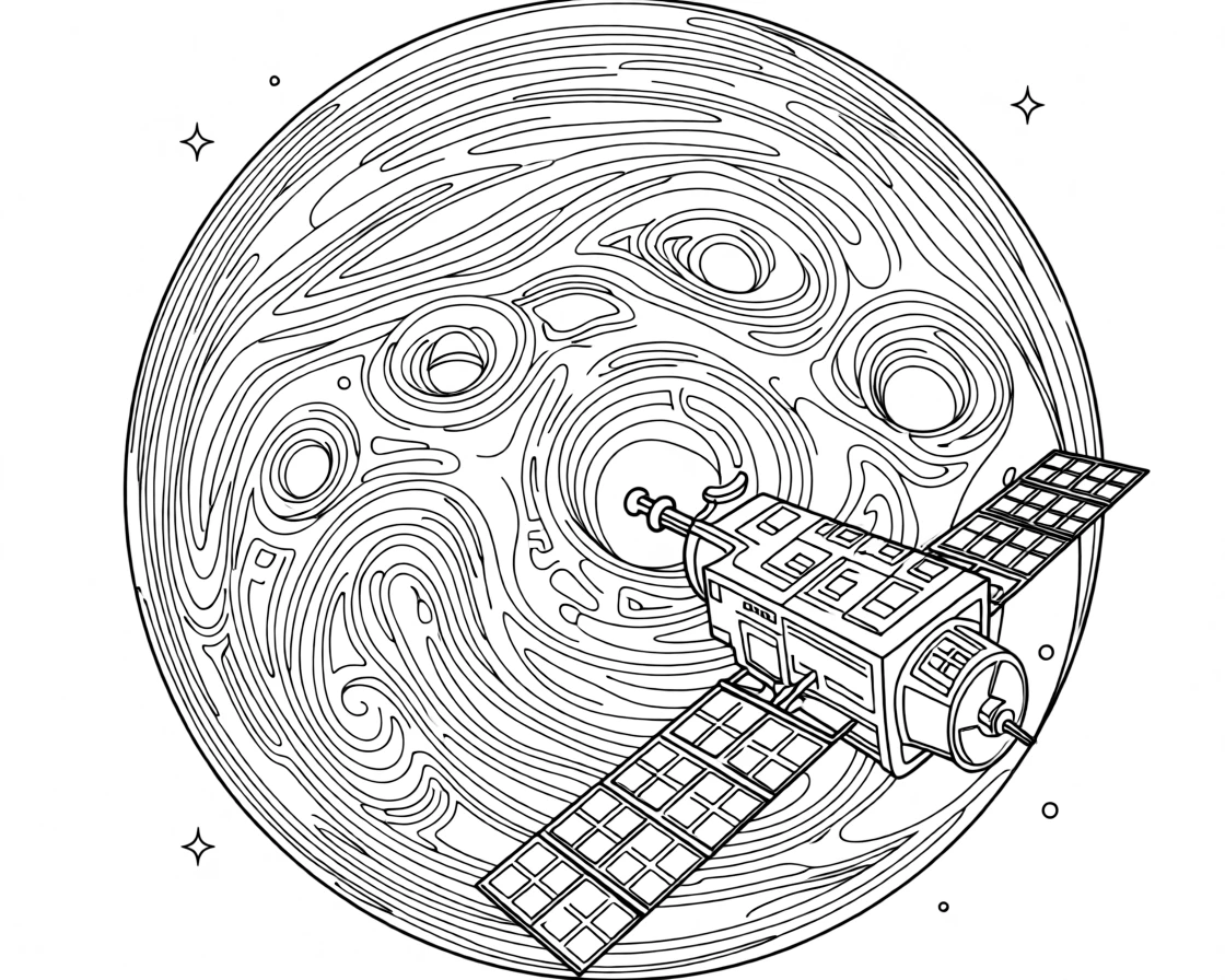 A satellite drifting above a swirling blue planet, with craters and canyons stretching into the distance.