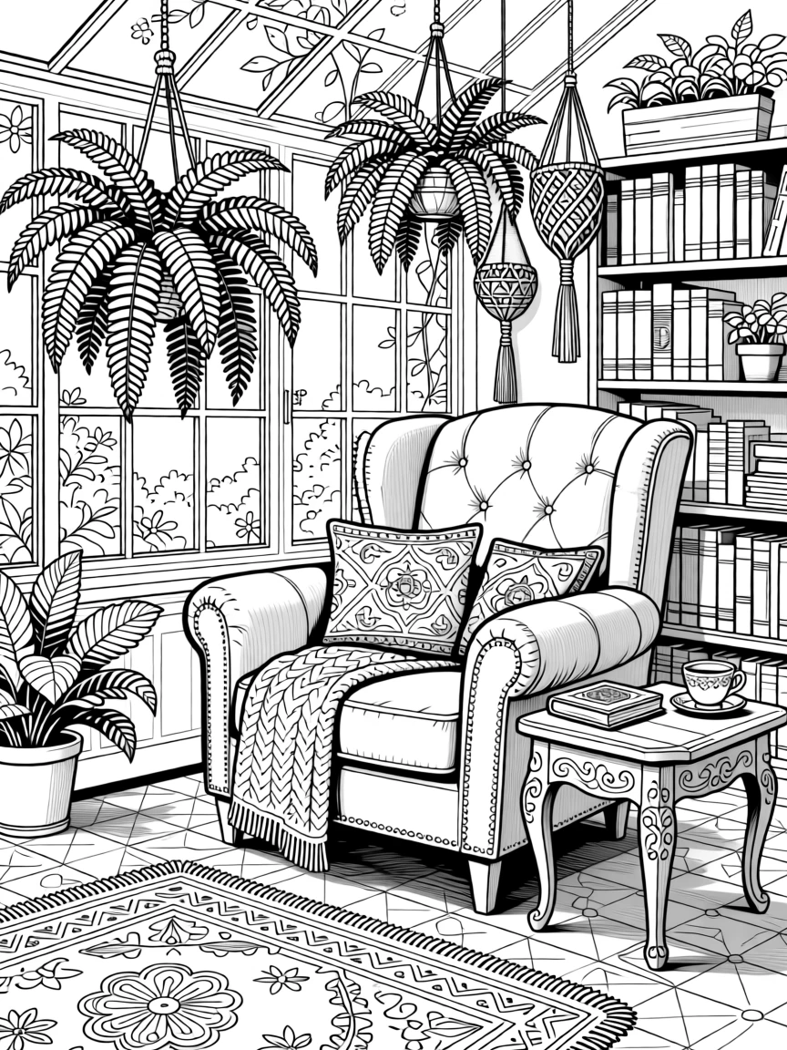 A quiet greenhouse reading nook surrounded by hanging ferns.