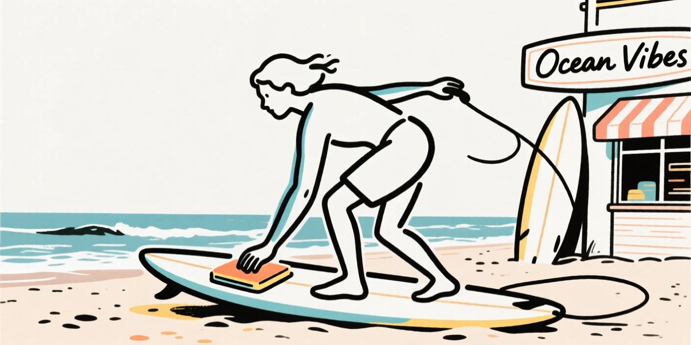 A surfer waxing a surfboard on the beach before paddling out.