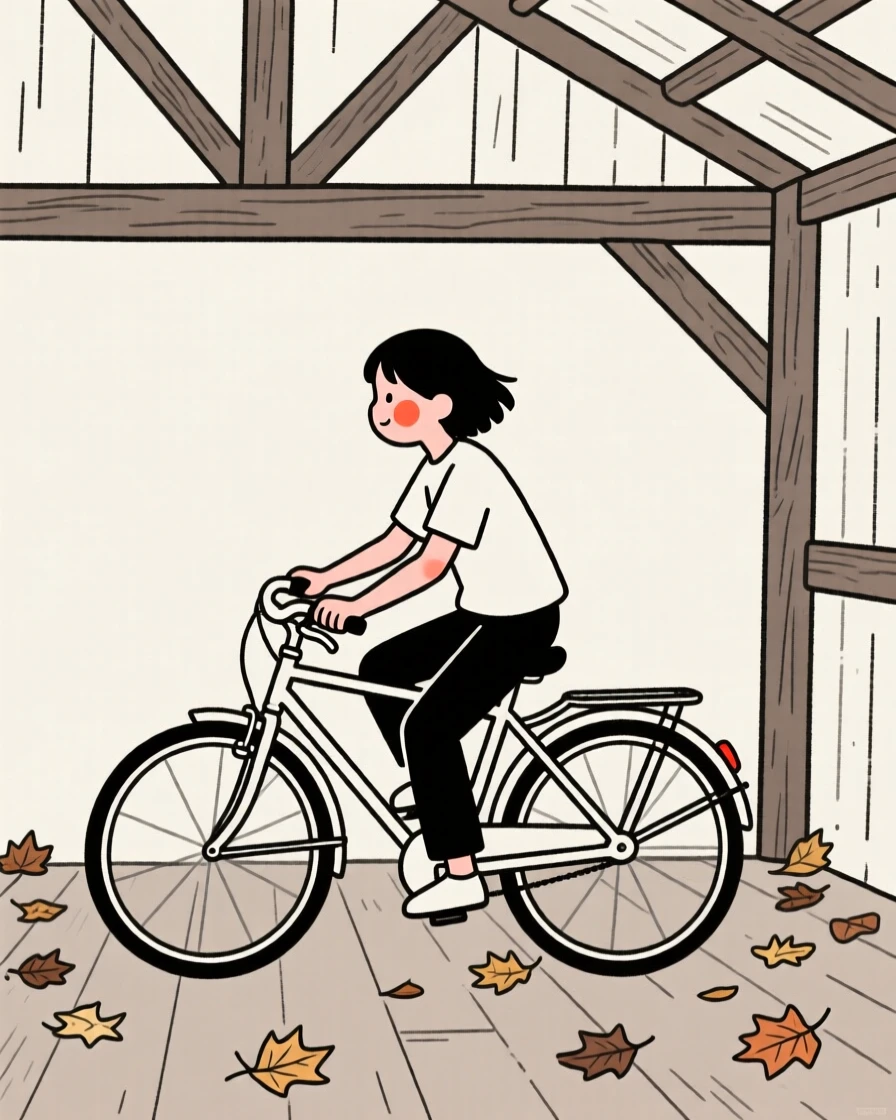 A teenager riding a bicycle through fallen leaves, in a rustic barn.