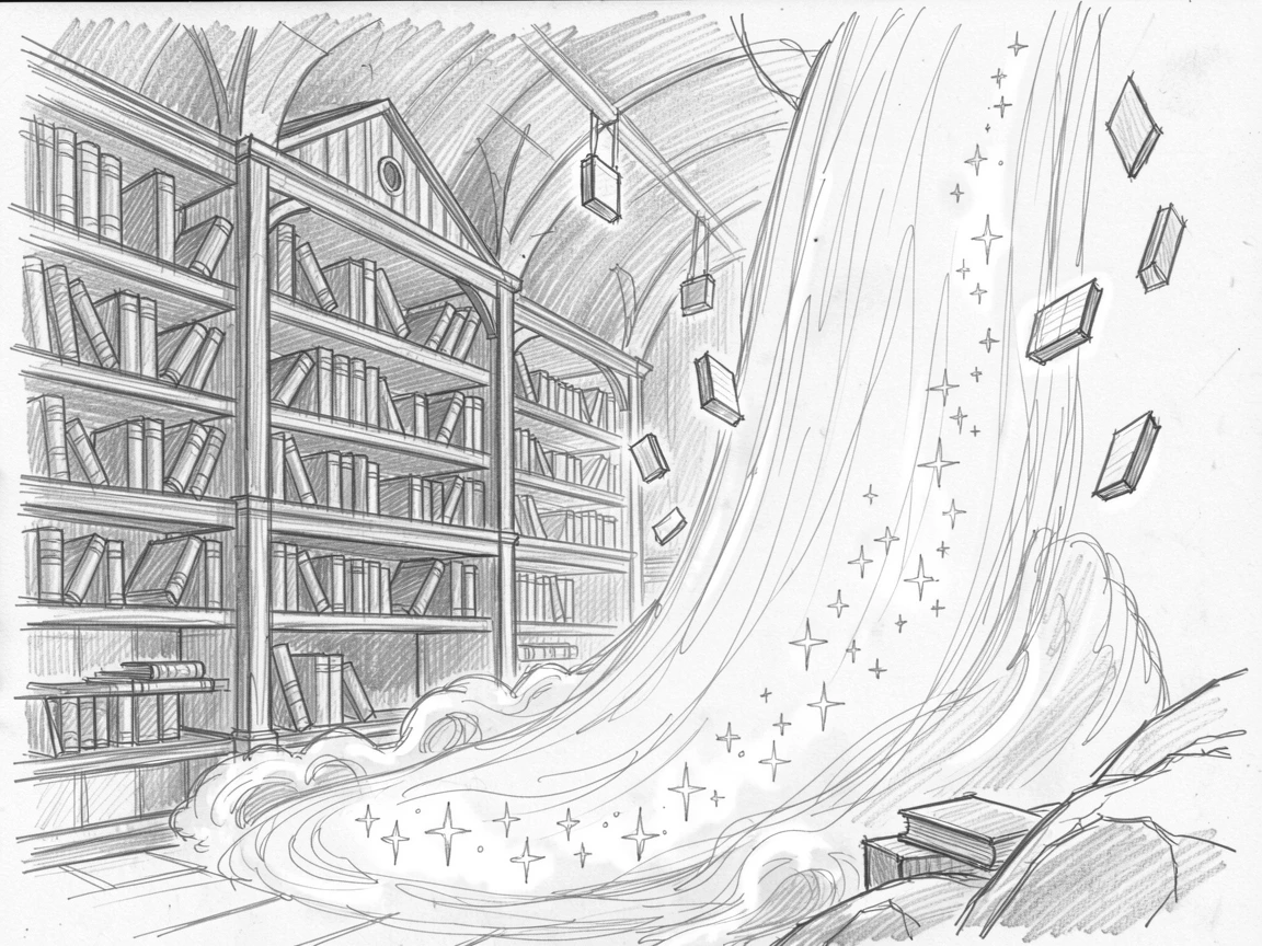 An epic fantasy scene of an enchanted library with floating books beside a waterfall that flows upward, with a trail of sparkling light marking the path.