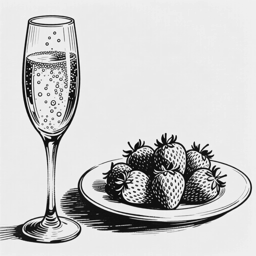 A glass of sparkling champagne with bubbles rising beside a plate of strawberries.