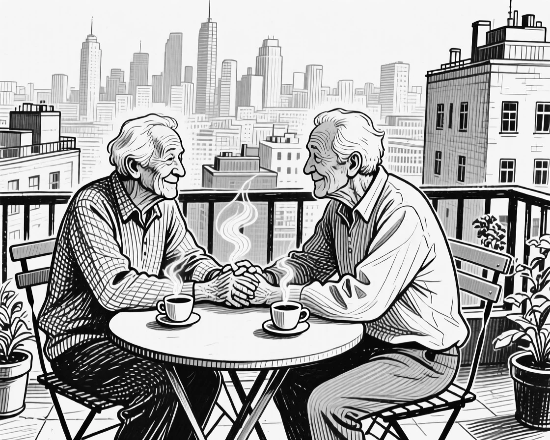 Two old friends sharing coffee at a small table on a rooftop overlooking the city skyline, with hands clasped warmly together, creating a tender and sincere lifestyle scene.