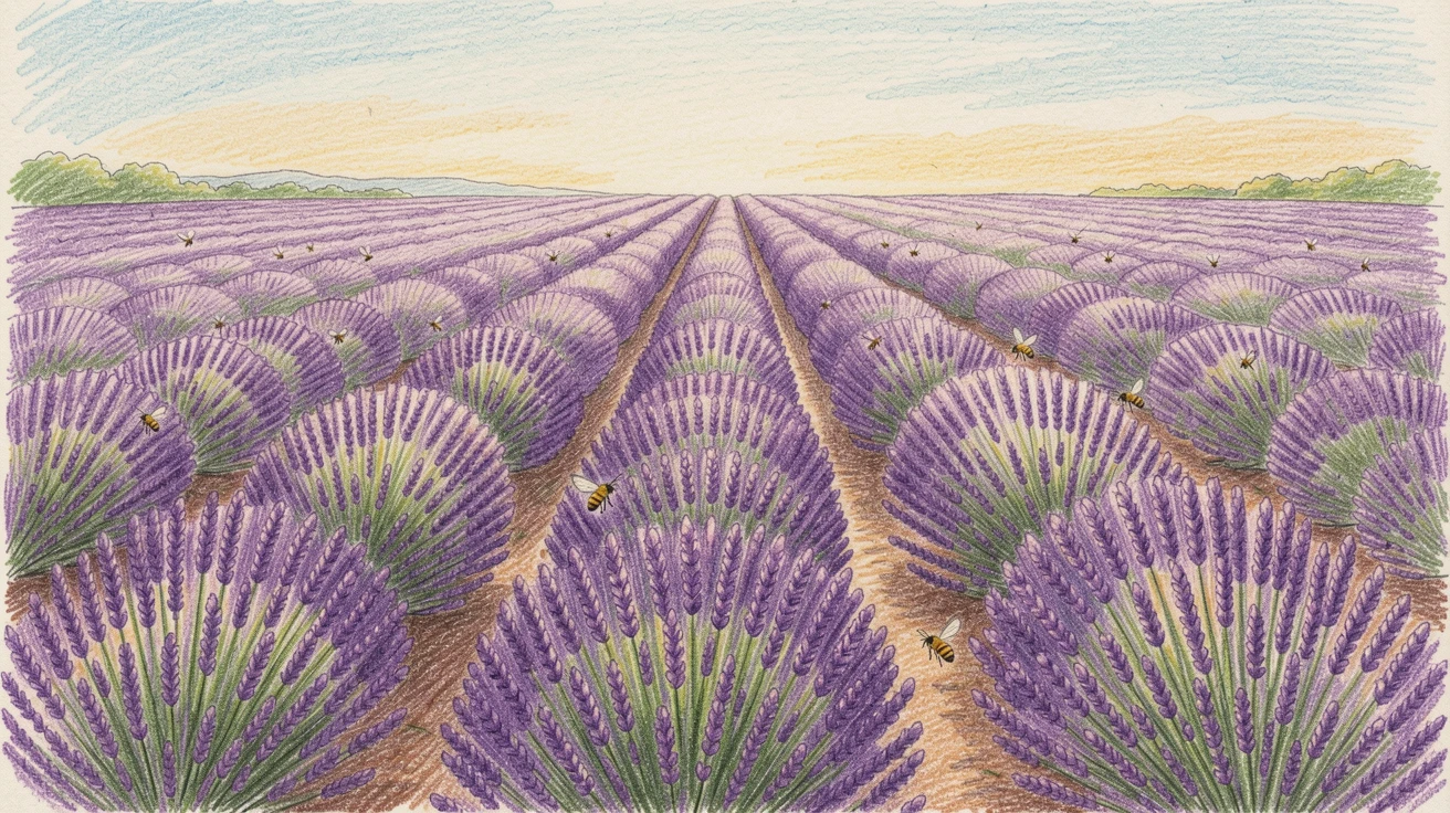 A lavender farm with rows of purple blooms stretching to the horizon, with rich, inviting textures throughout the scene, radiating comfort, joy, and quiet beauty.