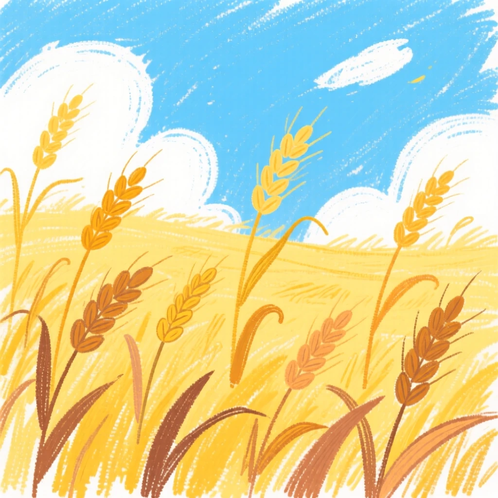 Golden wheat fields swaying gently under a summer sky.