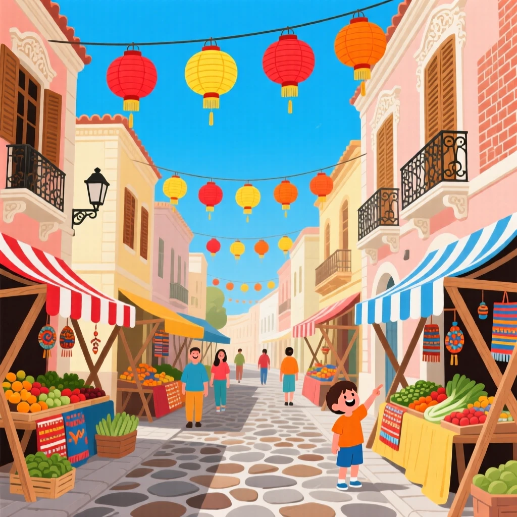 A vibrant street lined with hanging lanterns and market stalls, under a clear crisp blue sky, composed with charming architectural details in focus, with a joyful, adventurous atmosphere.