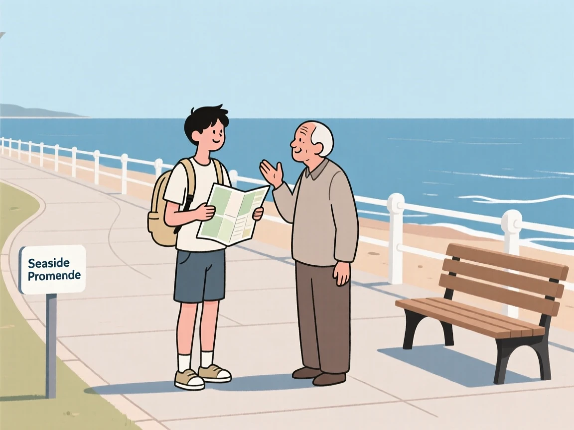 A traveler chatting with a local near a seaside promenade.