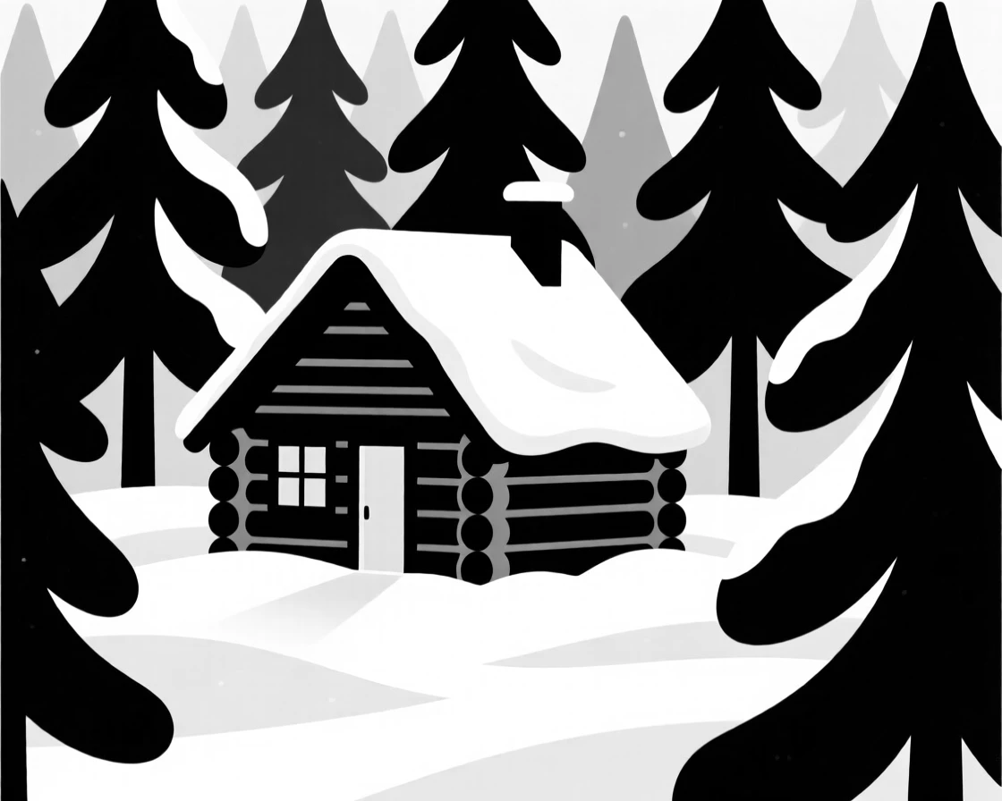 A cabin glowing warmly in a snow-covered forest.