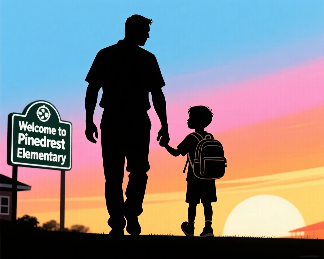 A father walking his young son to his first day of school, hand in hand.