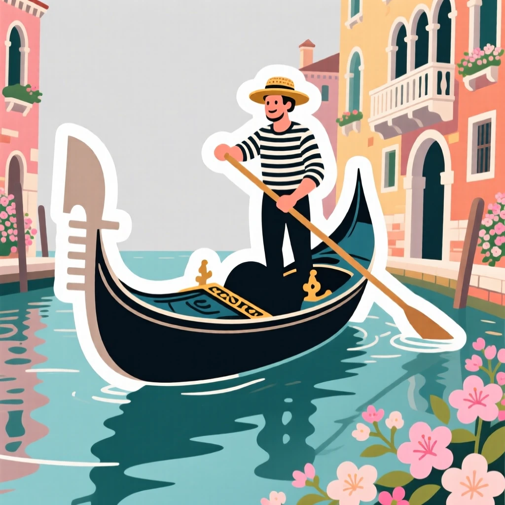 A charmingly authentic Venetian gondola gliding on a canal, surrounded by the sounds and colors of the region, during the region's most beautiful season.