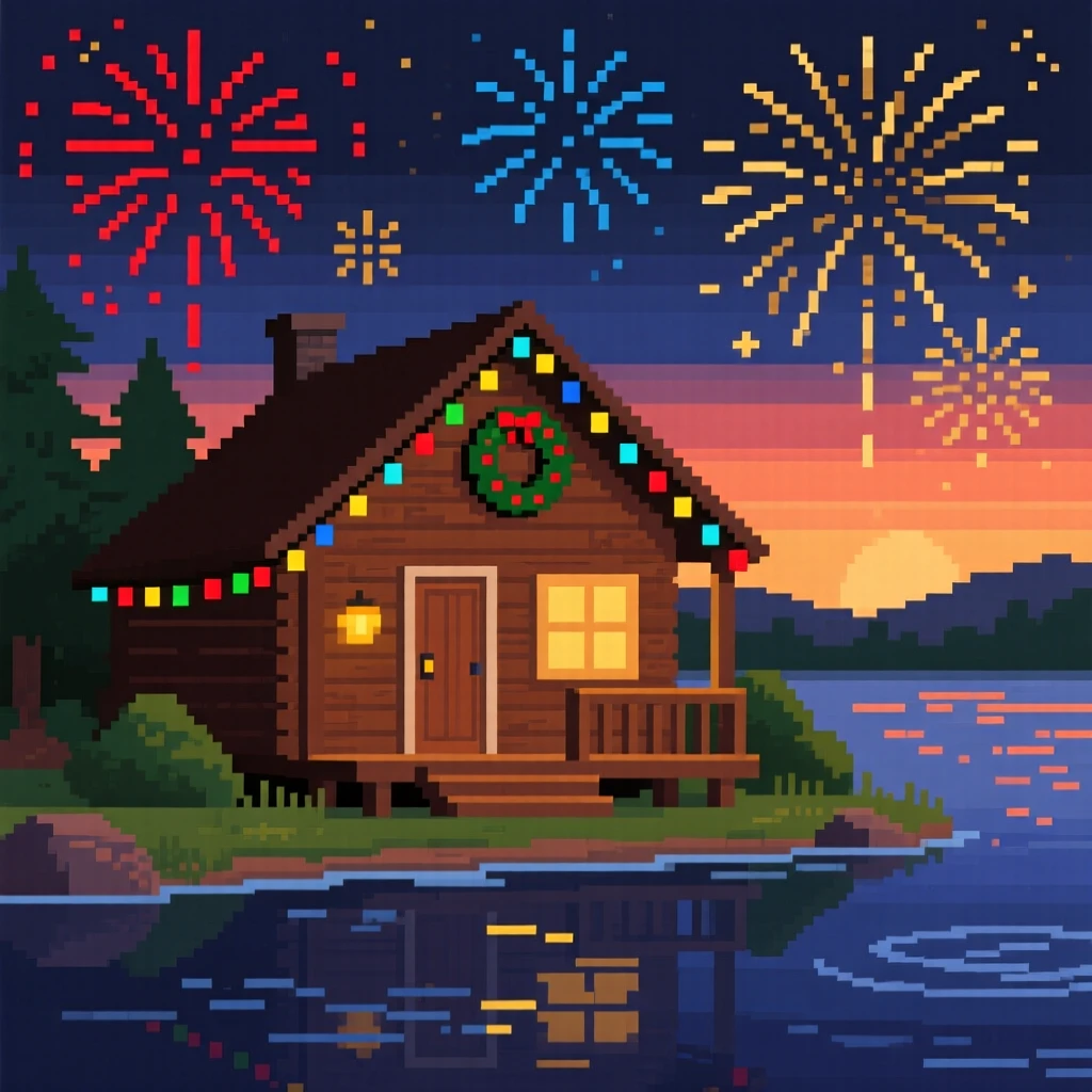 A cabin decorated for the holidays set against a sky full of fireworks, beside a lake during a warm summer evening.