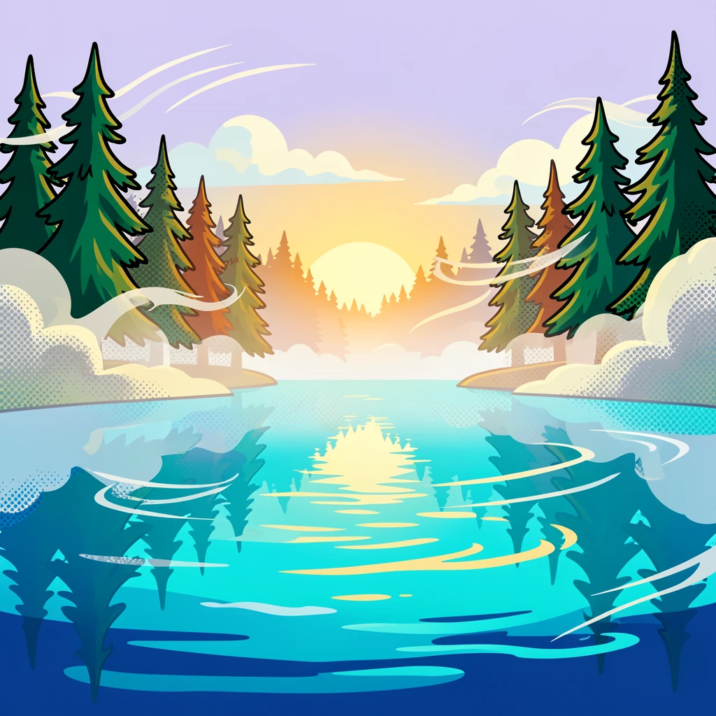 A misty morning over a lake surrounded by pines