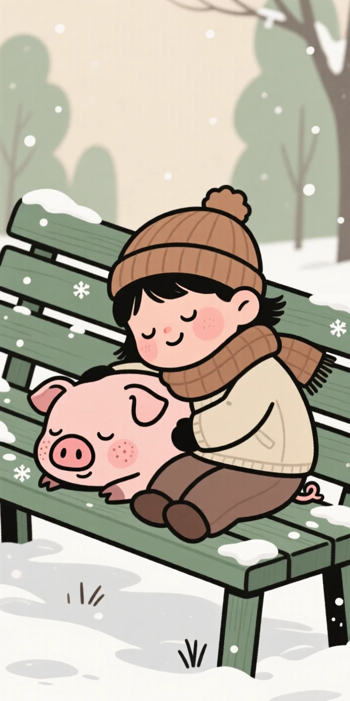 A piglet curls up beside a sleeping child on a garden bench, both worn out after an afternoon of rolling in the fresh snow.