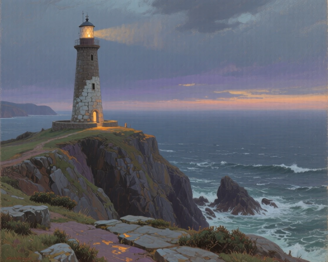 A wide establishing shot of a stone lighthouse standing at the edge of a dramatic headland, at twilight, in the 1960s.