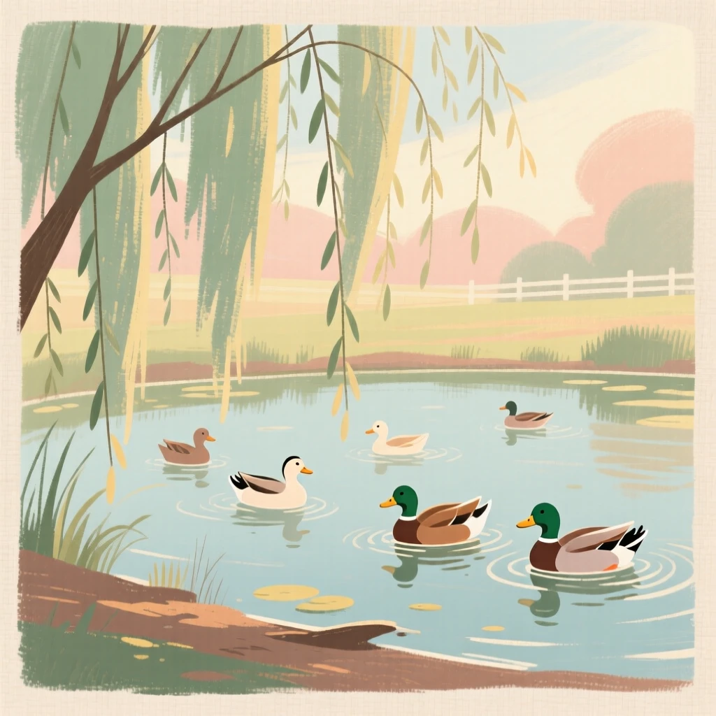 A farmyard pond with ducks paddling beneath a willow tree