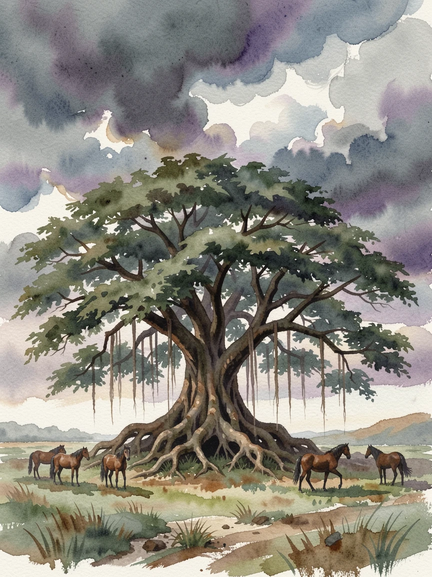 An ancient banyan tree as storm clouds gather with wild horses grazing nearby.