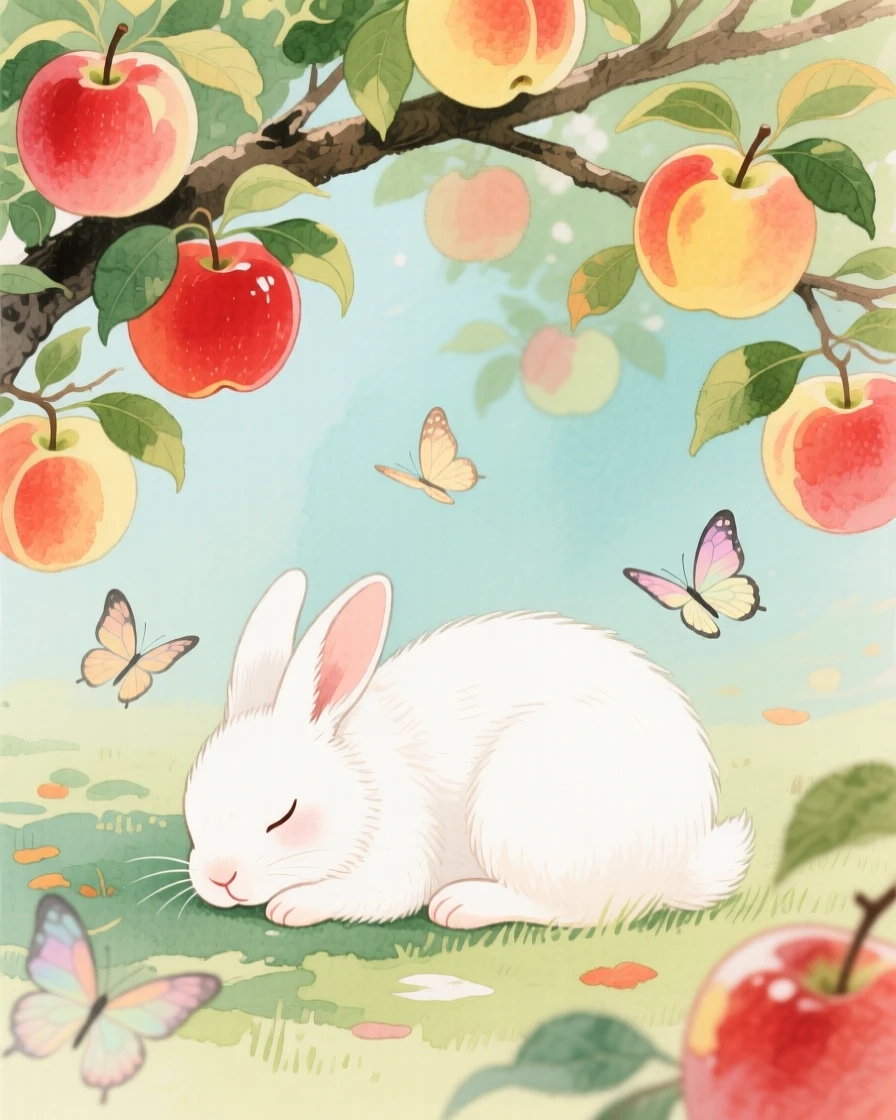 A white rabbit naps curled up in an orchard heavy with fruit, as butterflies drift nearby