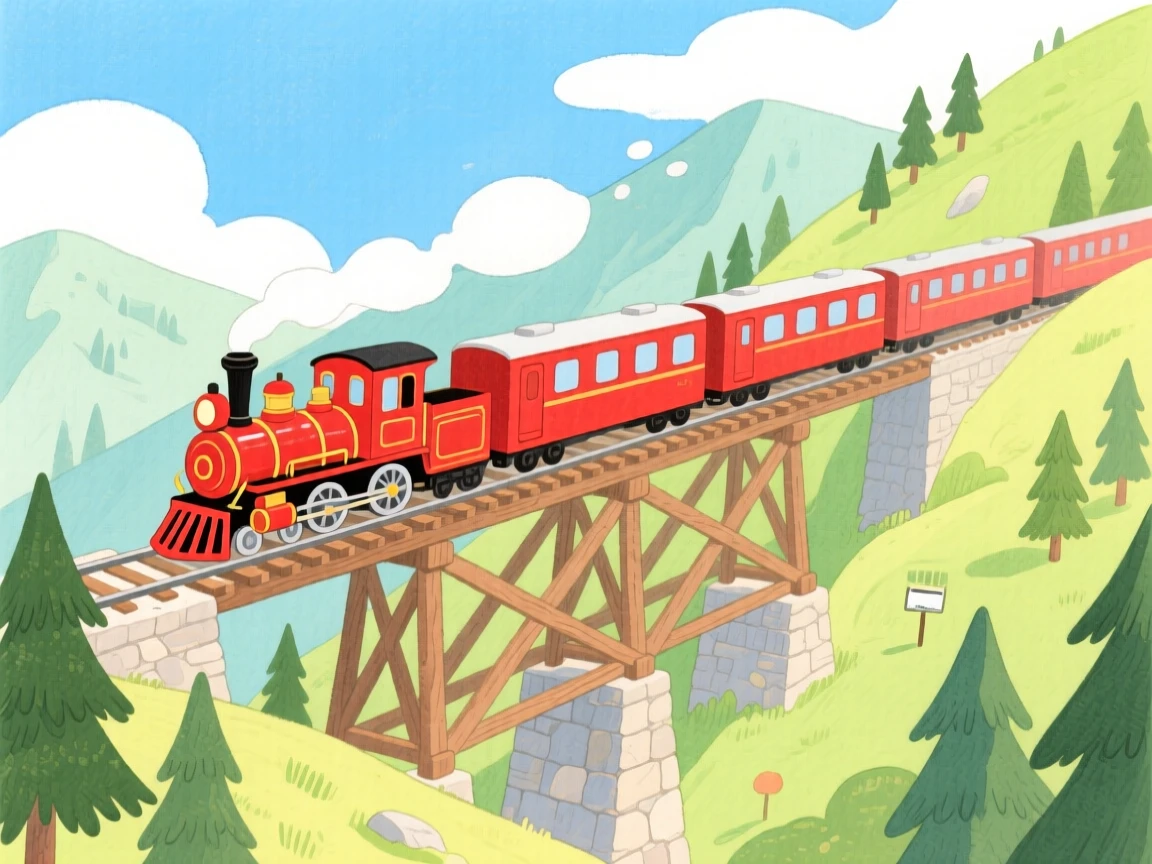 A charming scene of a red vintage train crossing a mountain trestle.