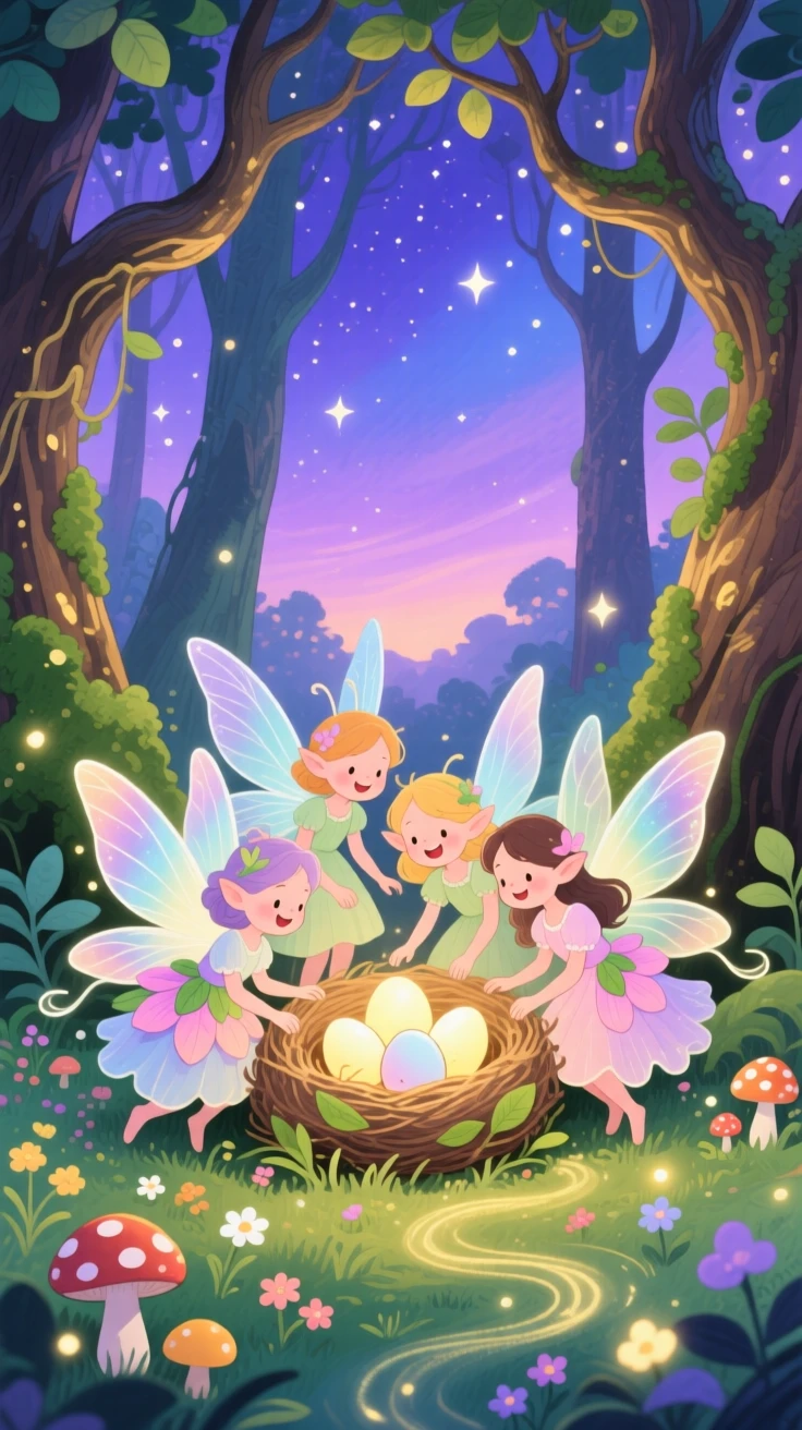 A playful group of fairies curling protectively around a nest of glowing eggs, in an enchanted forest at twilight, brimming with magical warmth and beauty.