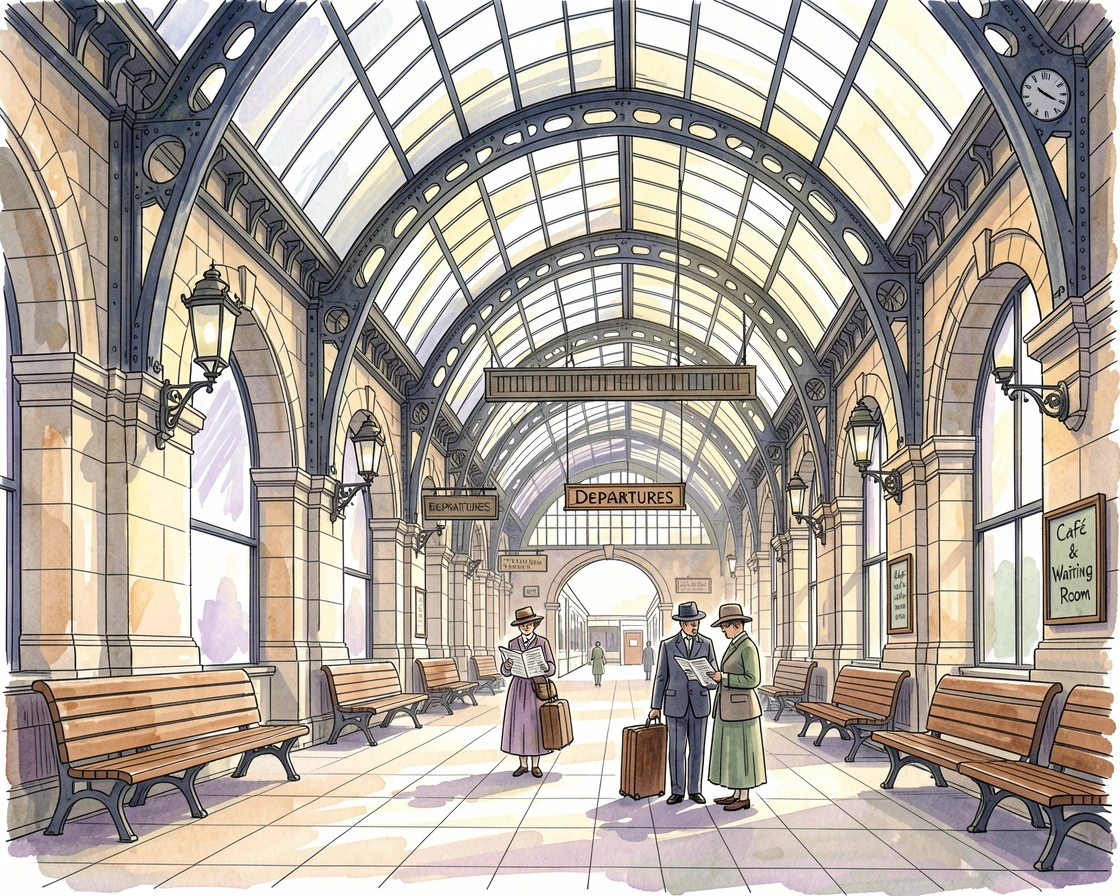 A grand European train station with iron archways and streaming light, the scene rich with texture and quiet character.