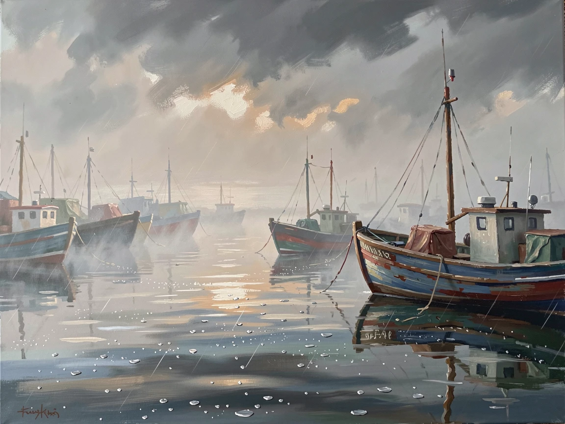 As a storm builds through the late afternoon, thick fog rolling through a quiet harbor at dawn, above a calm harbor filled with fishing boats, raindrops beginning to fall in scattered patterns.