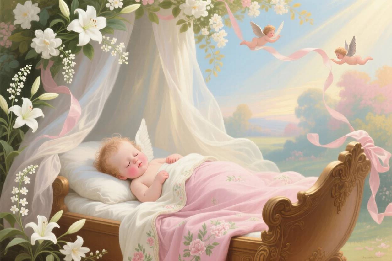 A baby sleeping in a cradle beneath a canopy of soft white flowers  