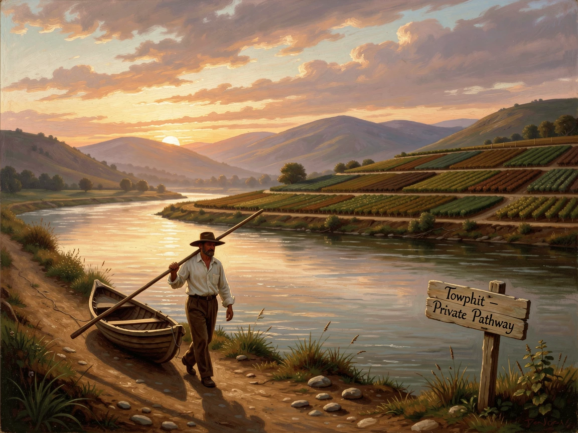 A boatman walks along the towpath of a river winding past terraced farmland as the sun sets behind distant hills.