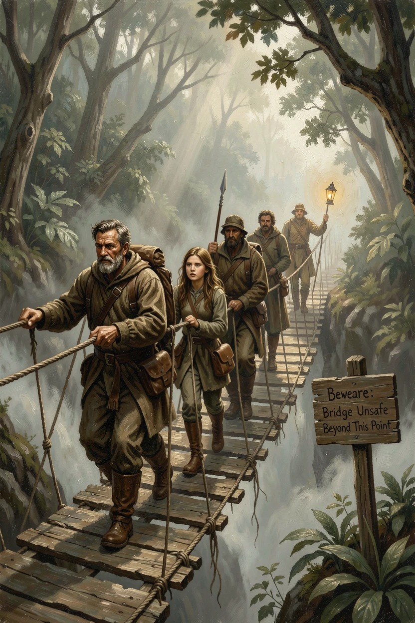 A band of adventurers crossing a rope bridge above a misty ravine, as beams of light cut dramatically through darkness or fog, combining epic scale with rich, immersive atmospheric detail
