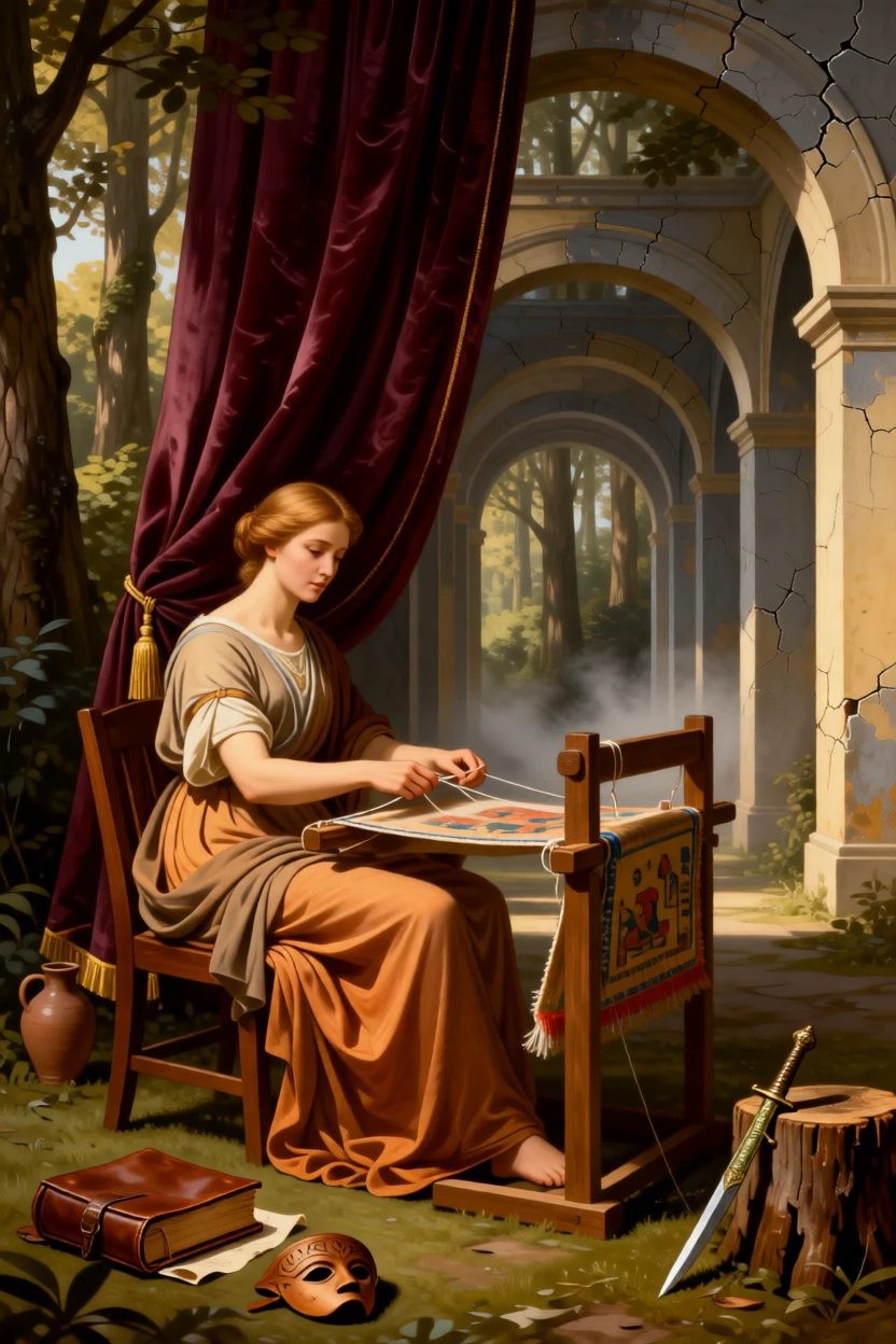 Odysseus's faithful wife Penelope unraveling her weaving by night as if pulled directly from a cherished tale, set within an enchanted forest clearing bathed in soft light, with painted stage curtains and scattered theatrical props; receding archways create a sense of stepping into another world, radiating whimsy touched with gentle melancholy.
