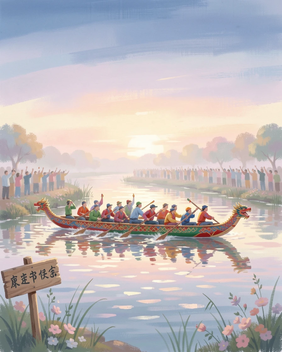 A traditional dragon boat festival on a river in southern China, colorful boats racing past cheering crowds, as the first light of dawn breaks.
