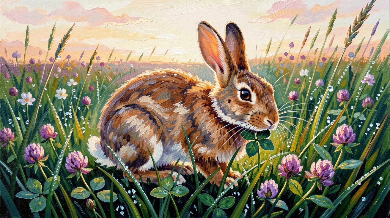 A wild rabbit nibbling clover in a dew-soaked meadow at first light.
